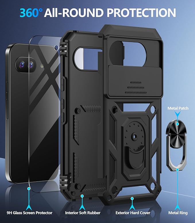 Taisairu for Google Pixel 9A Case with Screen Protector & Slide Camera Lens Cover, Built-in 360°Rotate Magnetic Ring Stand Shockproof Protective Phone Case for Google Pixel 9A Case (Black)