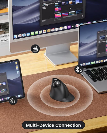 ProtoArc Vertical Wireless Trackball Mouse, EM05 NL Bluetooth Ergonomic Rollerball Mouse Rechargeable Computer Laptop Thumb Mice, 3 Device Connection, Compatible with iPad, Mac, Windows, PC-Gray