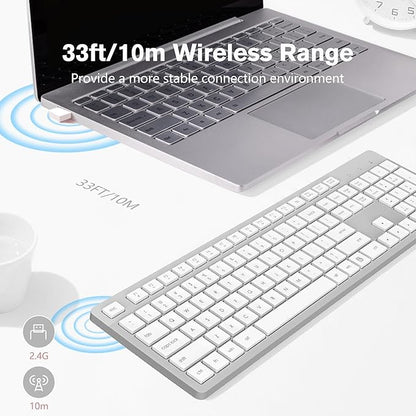 LeadsaiL Wireless Keyboard, 2.4GHz Full-Sized Ergonomic Computer Keyboard, Cordless Noiseless Keyboard,12 FN Shortcuts for Windows MacOS Laptop Computer - White and Grey