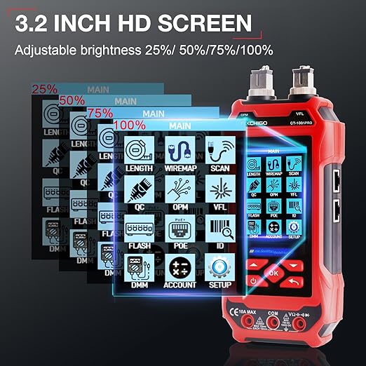 11 In 1 Network Cable Tester with 60000 Digit Multimeter 7 Wavelengths OPM 10Km/10mW VFL 600M Measurable Length 100 Records Tool Kit for CAT5 CAT6 Telephone Ethernet RJ11 RJ45 PoE Wire Tracer NCV, Red