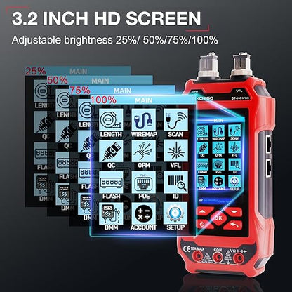 11 In 1 Network Cable Tester with 60000 Digit Multimeter 7 Wavelengths OPM 10Km/10mW VFL 600M Measurable Length 100 Records Tool Kit for CAT5 CAT6 Telephone Ethernet RJ11 RJ45 PoE Wire Tracer NCV, Red
