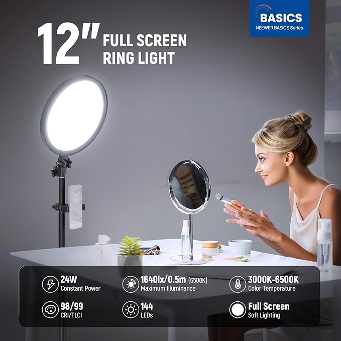 NEEWER Basics 12" 24W Large Ring Light with 68" Stand/Phone Holder/Remote for iPhone Video Recording Selfie Streaming Makeup Studio Photography, 3000K-6500K CRI98 Full Screen LED Panel Lighting, BR13