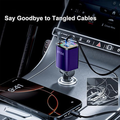[2025 Mirco-Version] 4 in 1 Retractable Car Charger,69W Car Charger USB C,Cigarette Lighter Adapter,Fast Charging for iPhone 16e/16/15/14,13,Android (Purple, for Lightning+USB-C)