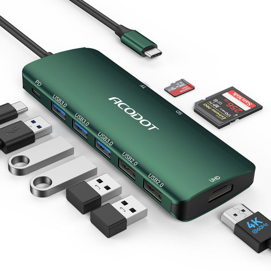 USB C Hub, 9-in-1 Multi-Port USB Adapter, 4K@60Hz HDMI, 100W Max PD, 3 USB3.0(5Gbps) + 2 USB2.0 Data Ports, SD/TF Card Reader for MacBook, iPad Pro, Dell, HP, Lenovo, Windows Laptop, Green