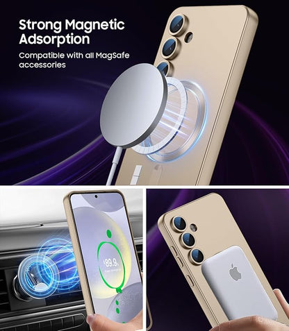 Magnetic for Samsung Galaxy S24 Case [Compatible with MagSafe][Built-in Camera Lens Protector] Slim Soft Silicone Bumper Shockproof Metallic Luster Phone Case (Gold)