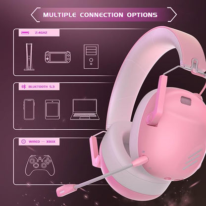 Wireless Gaming Headset for PS5, PS4, PC, NES, Bluetooth 5.3 Gaming Headsets Wireless with Noise Canceling Microphone, Gamer Headphones for Nintendo Switch, 50H Battery - Pink