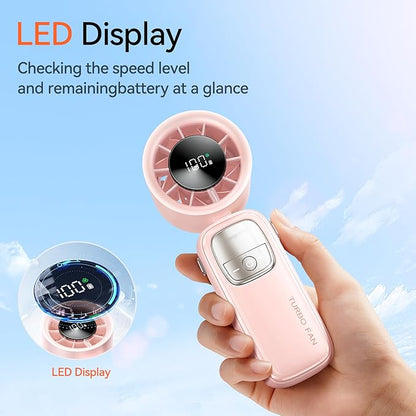 3-in-1 Portable Handheld Turbo Fan-100 Speeds, 15000 RPM, 10Hrs Cooling, LED Display, 90° Rotation, USB Rechargeable Battery Powered, Mini Foldable Hand Held Personal Fan for Women Men (Pink)