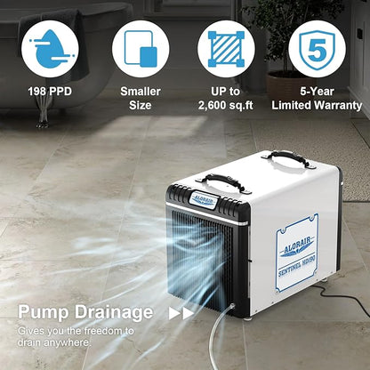 ALORAIR Basement/Crawlspace Dehumidifiers 198 PPD (Saturation), 90 Pints (AHAM), 5 Years Limited Warranty, Condensate Pump, Auto Defrosting, Rare Earth Alloy Tube Evaporator, Remote Control (optional)