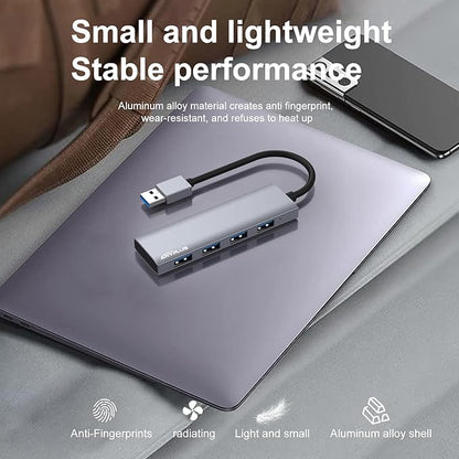 USB Hub, USB 3.0 Hub Aluminum Alloy Ultra Slim USB Splitter, Portable 4 Port USB Extender, USB Hub for Laptop, PC, MacBook, iMac, Surface Pro, Mac Pro, Flash Drive, XPS 【Grey】
