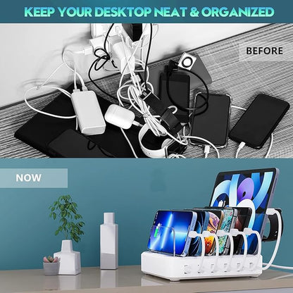 Charging Station for Multiple Devices,60W 6 Port Charger Station with 7 Mixed Charging Cables,USB Charging Dock,Compatible with Cellphone,Tablet, Kindle, iPhone iPad and More (White)
