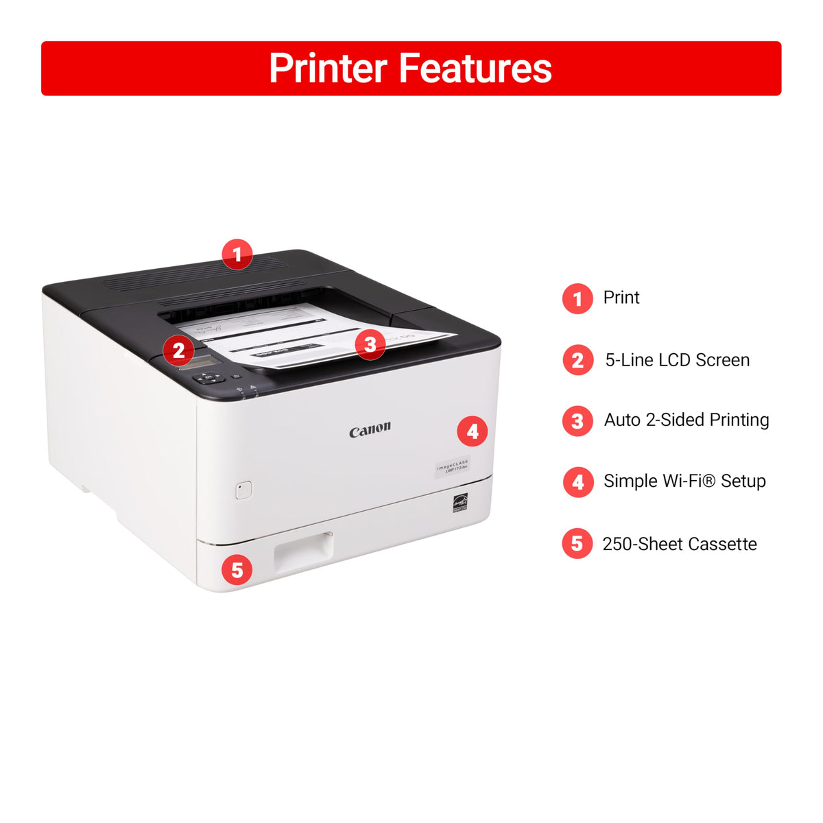 Canon imageCLASS LBP172dw – Monochrome Duplex, Wireless Laser Printer, Single Function, Home Office, Mobile Ready, 1 Year Limited Warranty, 35 PPM, White