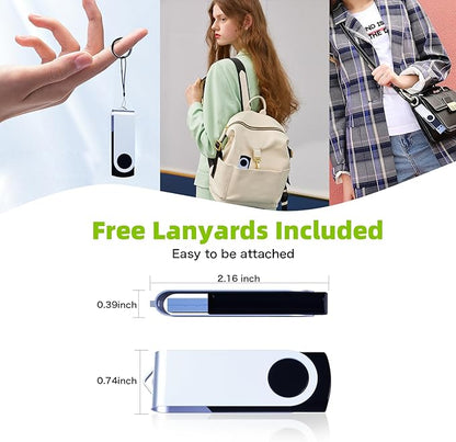 64GB Flash Drive 10 Pack, Wooolken USB 2.0 Thumb Drive Bulk Pen Drive Metal Swivel Memory Stick 64GB 10 Colors Multipack Value Zip USB Drives with Lanyard