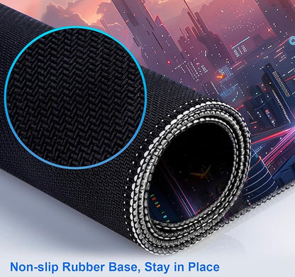 Digital Anime City Night View Office Art Desk Mat, Female Aesthetic Style Oversized Stitched Edge Laptop Keyboard Desk Mat 35.4 x 15.7 x 0.12 Inches