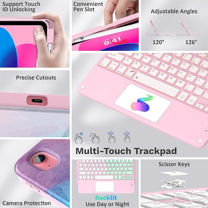 MoKo Touch Keyboard Case for iPad (A16) 11th Generation 11 inch 2025, iPad 10th Generation 10.9 inch Case with Pencil Holder, 7 Colors Backlit Multi-TrackPad Detachable Bluetooth Keyboard, Water Color