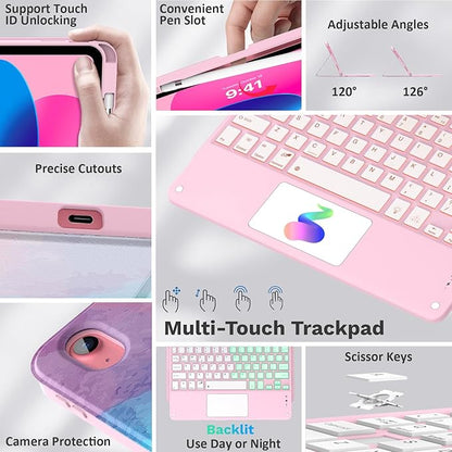 MoKo Touch Keyboard Case for iPad (A16) 11th Generation 11 inch 2025, iPad 10th Generation 10.9 inch Case with Pencil Holder, 7 Colors Backlit Multi-TrackPad Detachable Bluetooth Keyboard, Water Color
