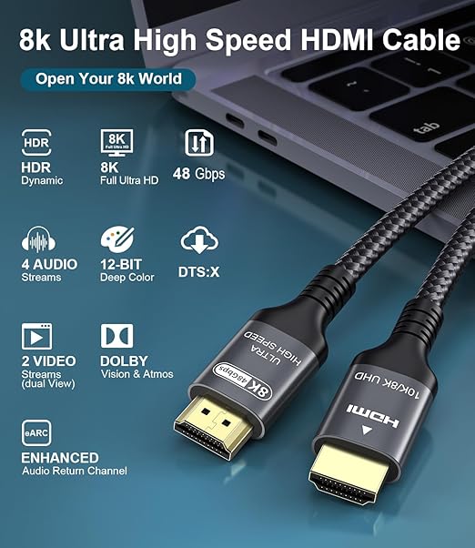 Certified 10K 8K HDMI 2.1 Cable 16.4 FT, 48Gbps Ultra High Speed HDMI Cable with Ethernet 4K 240Hz 165Hz 144Hz 120Hz 8K60Hz eARC HDCP2.3 HDR10+ PC Laptop TV Monitor Projector