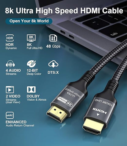 Certified 10K 8K HDMI 2.1 Cable 16.4 FT, 48Gbps Ultra High Speed HDMI Cable with Ethernet 4K 240Hz 165Hz 144Hz 120Hz 8K60Hz eARC HDCP2.3 HDR10+ PC Laptop TV Monitor Projector