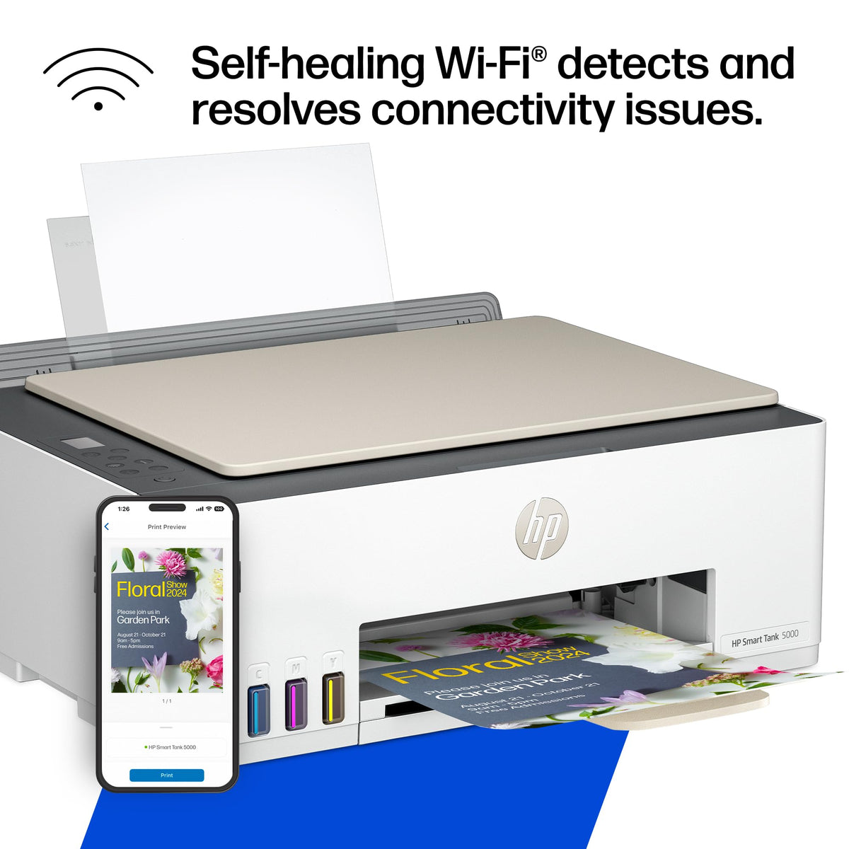 HP Smart Tank 5000 Wireless All-in-One Ink Tank Printer, Scanner, Copier with 2 Years of Ink Included, Best-for-Home, Cartridge-Free, Refillable and AI-Enabled. (5D1B6A)