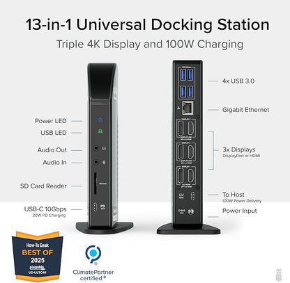 Plugable 13-in-1 USB C Docking Station 4K Triple Monitor with 100W Power Delivery | USB C Dock for Windows, Mac, ChromeOS, Thunderbolt | Driver Required | 3X HDMI and 3X DisplayPort (UD-ULTC4K)