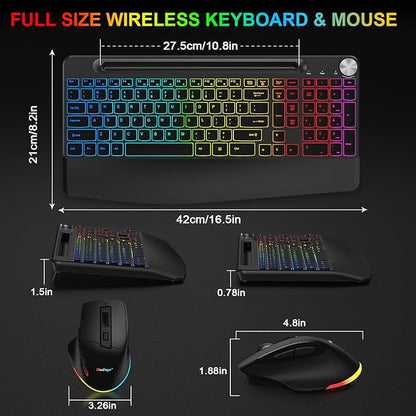 BlueFinger Wireless Keyboard and Mouse Combo Backlit, 2.4G Rechargeable Ergonomic Gaming Keyboard with Wrist Rest, Phone Holder, Volume Knob, Silent Light Up Keyboard with Mouse for Computer Laptop