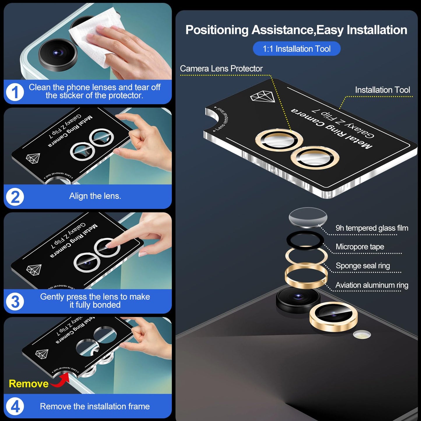 Avocase for Samsung Galaxy Z Flip 7 Camera Lens Protector, Individual Metal Ring Tempered Glass Lens Cover, [Strong Adsorption] Scratch Resistant Ultra-Thin HD Clear Lens Cover, 1 Set-Gold