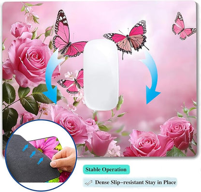 Cute Butterfly Pink Rose Flower Custom Mouse Pad with Non-Slip Rubber, Small Square Design for Wireless Laptop & Computer Mouse Pads for Desk, 9.5 x 7.9 inch Smooth Surface for Gaming & Office