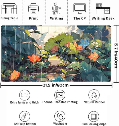 Anime Frog Mouse Pad Desk Mat Cure Frogs On Rainy Days Green Desk Decor Mat, Large Gaming Mouse Pad for Desk Computer Keyboard Laptop, Desk Decor Home Office Accessories for Girl with Stitched Eges