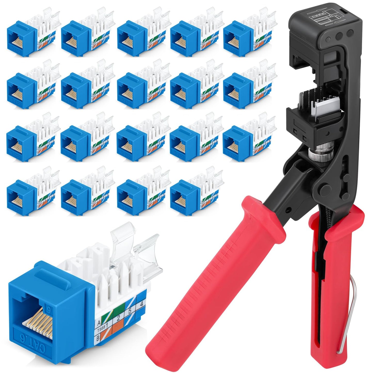Everest 45Term - 45° Angled Speed Termination Keystone Tool Set - with 20-Pack of RJ45 Cat6 Keystone Jacks in Blue (Slim Profile Design) - Time Saver Network Punch Down Tool Cat6