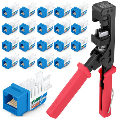Everest 45Term - 45° Angled Speed Termination Keystone Tool Set - with 20-Pack of RJ45 Cat6 Keystone Jacks in Blue (Slim Profile Design) - Time Saver Network Punch Down Tool Cat6