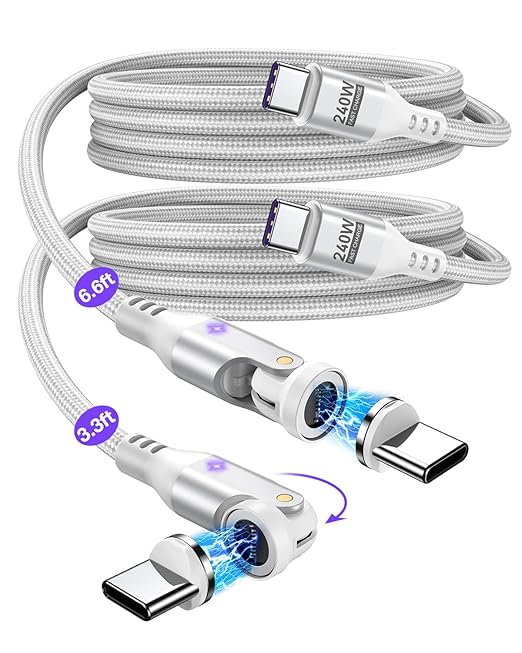 A.S Gen3 USBC Magnetic Charging Cable 240W (2Pack, 3.3ft/6ft), 9Pin Type C to Type C Magnet Charger Cable/360&180 Rotation Magnetic Phone Charger Data Cable for Phone 17/M-Book/Pad Series (White)