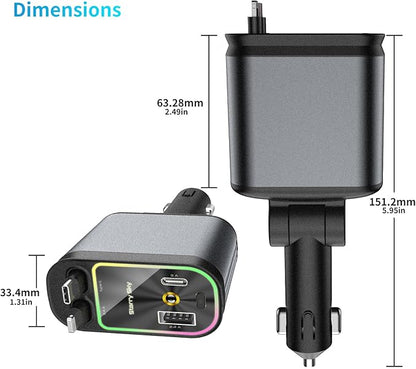 MLVOC Starlight Retractable 66W USB C Car Charger, 4-in-1 Fast Charging Adapter with Dual USB Ports, PD & QC 3.0 for iPhone, Samsung, Android (Black)