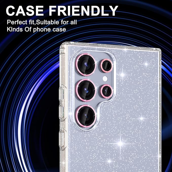 for Samsung Galaxy S25 Ultra Camera Lens Protector, Individual Metal Ring Tempered Glass Lens Cover, [Strong Adsorption] Scratch Resistant Ultra-Thin HD Clear Lens Cover, 1 Set-Pink Sparkly