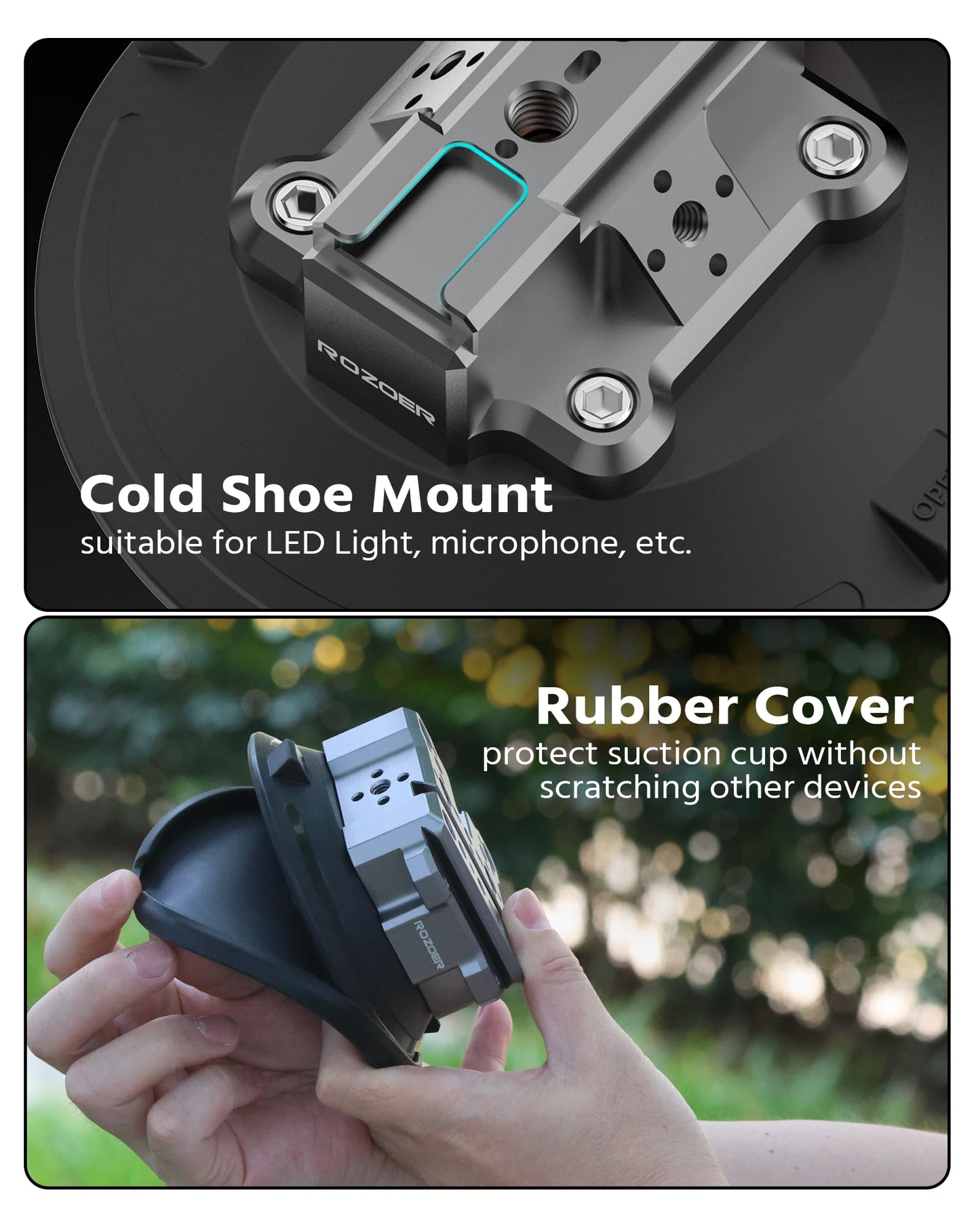 ROZOER 6" Suction Cup Camera Mount – Car, Windshield & Dash Cam Mount with Cold Shoe, NATO Rail, 1/4"-20 & 3/8-16 Threads (6”)