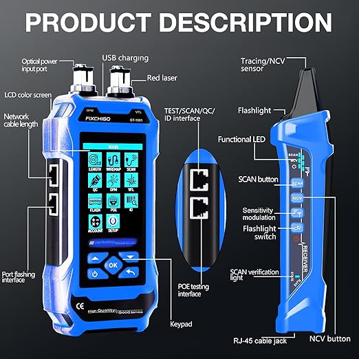 10 in 1 Network Cable Tester with 7 Wavelengths OPM 10Km/10mW VFL 600M Measurable Length 100 Records Tool Kit for CAT5 CAT6 Telephone Ethernet RJ11 RJ45 PoE Wire Tracer NCV, Blue