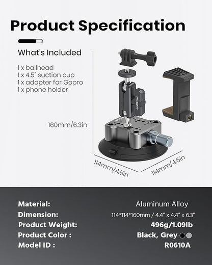4.5" Suction Cup Camera Mount Universal Car Mount for Osmo 360 Camera, Phones, for Go-pro, for Insta360 Action Cams with 3.84" Magic Arm