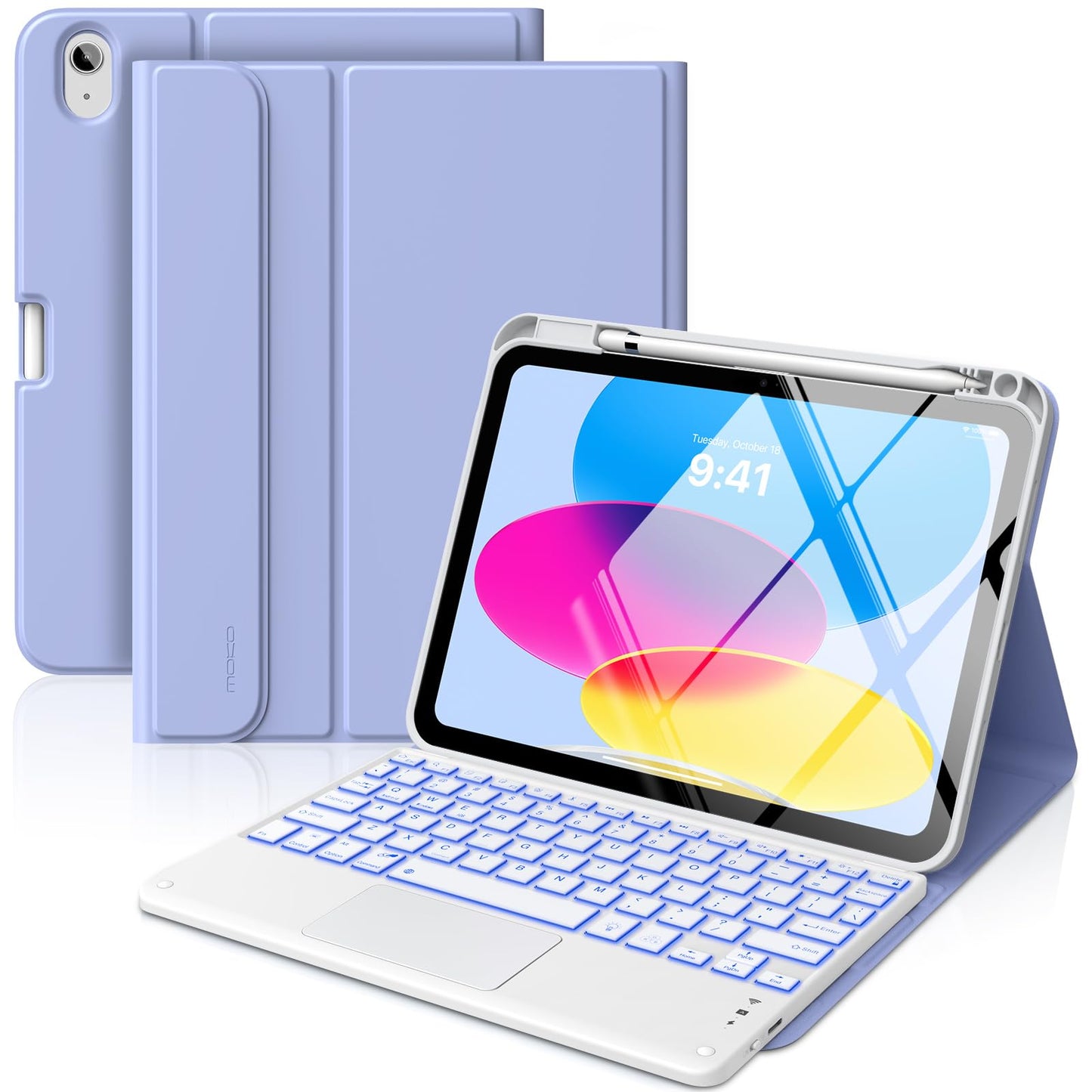 MoKo iPad 11th/10th Generation Case with Keyboard 2025/2024, 7 Colors Backlight & Multi-Touch Trackpad, Detachable Keyboard Folio Stand Cover with Pencil Holder, Lavender Purple