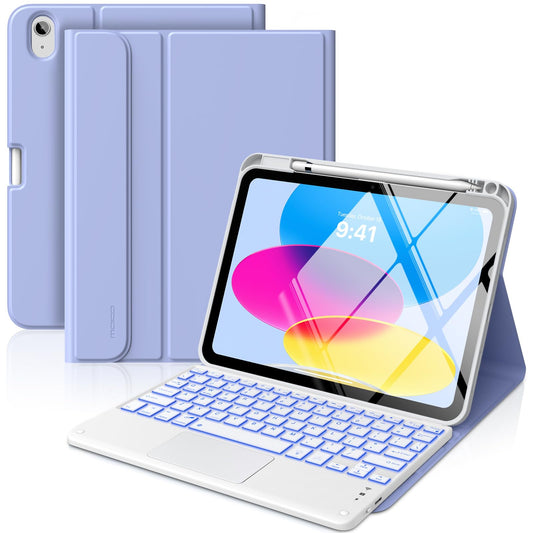 MoKo iPad 11th/10th Generation Case with Keyboard 2025/2024, 7 Colors Backlight & Multi-Touch Trackpad, Detachable Keyboard Folio Stand Cover with Pencil Holder, Lavender Purple