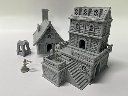 Medieval Miniature Building Terrain Set Compatible with Tabletop RPG War Games, Dioramas Building Set, Paintable, Gift for Tabletop Hobby Enthusiasts by HAUTICO (18mm Scale)