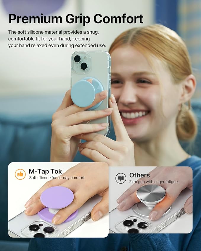 Sinjimoru for MagSafe Phone Grip, Soft Silicone Magnetic Finger Grip for iPhone 16/15/14/13/12, Comfortable One-Touch Holding, M-Tap Tok White