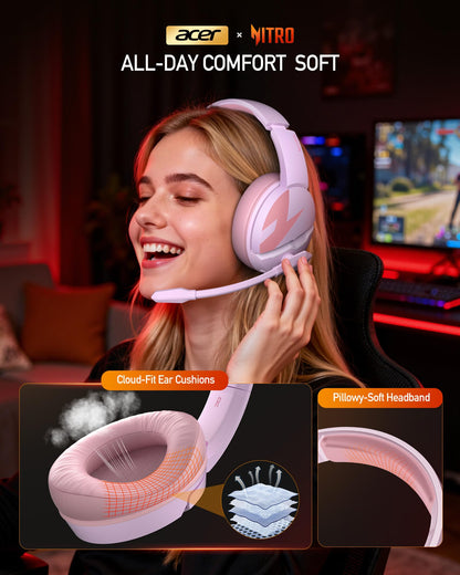 acer Wireless Gaming Headset, PS5 Headset with 2.4GHz for Ps5, Ps4, PC, Switch, Bluetooth 5.3 + 100Hrs Gaming Headphones with Noise Canceling Mic for Laptop, Mobile, Mac, 50mm Drivers (Pink)
