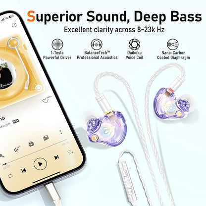 Vibes 202ML Wired Earbuds - HiFi in Ear Headphones - Noise-Isolating Ear Buds w/ Mic - Clear Sound, Deep Bass, Comfort-Fit Earphones - MMCX–Lightning for iPhone 5–14, Silver Plated Cord, Carrying Case