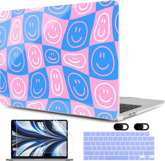 MEEgoodo Case for M5/M4/M3/M2 MacBook Air 13.6 inch 2026 2025 2024 2022, Fit Model A3449/A3240/A3113/A2681, Case Compatible with MacBook Air 13 inch, Smiling Faces & Checkered