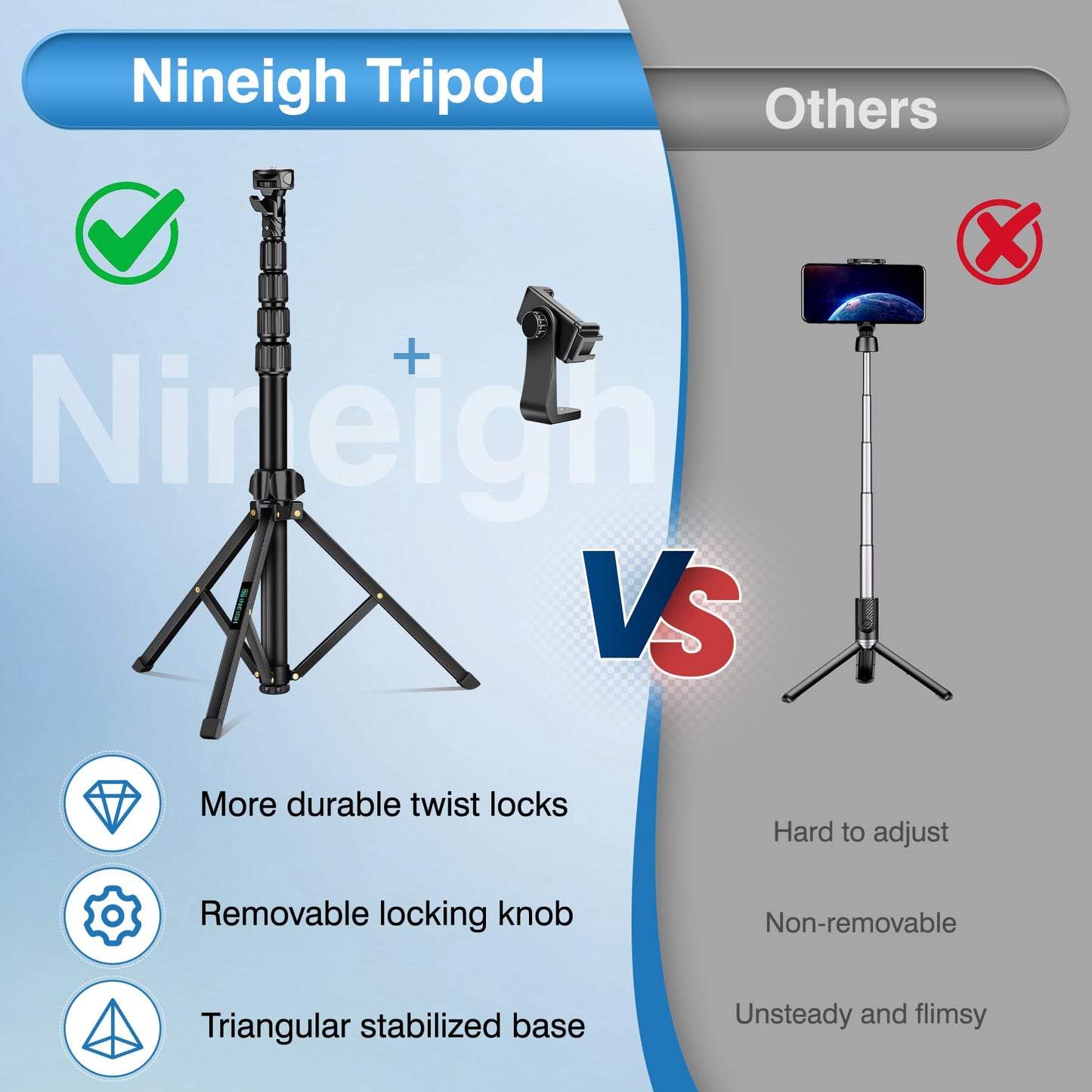 Nineigh 72" Tripod for iPhone, Phone & Camera Travel Tripod Stand with Remote, Compatible with Smartphone/Gopro