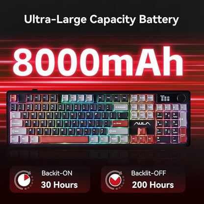 AULA F106 PRO Mechanical Wireless Keyboard,Gaming Keyboard with Knob & Screen Tri-Mode RGB Hot Swappable Custom PBT Keys with 8000mAh for PC/Laptop/Windows - Black Red