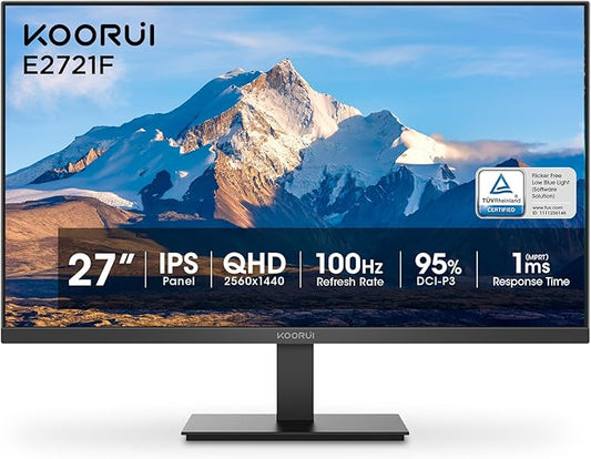 KOORUI 27 Inch QHD (2560x1440) IPS HDR Ultra-Thin Computer Gaming Monitor, 120Hz Refresh Rate, DCI-P3 95%, FreeSync & G-Sync, 1ms MPRT, VESA 100x100mm, Tilt Adjustable for Game and Work, E2721H