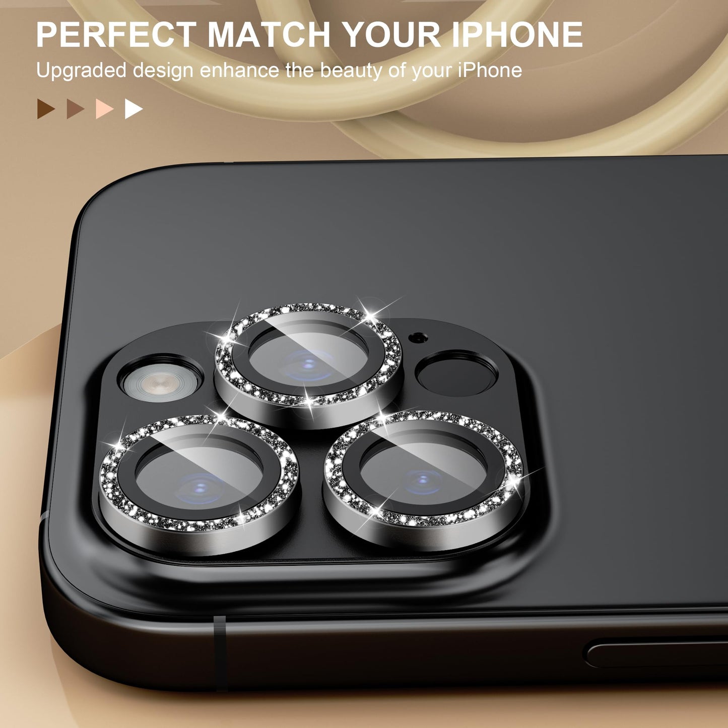 beuxece Compatible for iPhone 16 Pro/iPhone 16 Pro Max Camera Lens Protector, Bling Metal Tempered Glass Camera Screen Cover Accessories [Strong Adsorption][Case-Friendly]- Glitter Titanium Black