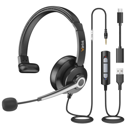 Wantek USB & 3.5mm Headset with Mic for PC/Laptop,Wired Headset with Noise-Cancelling Microphone & Audio Controls Perfect for Home Office Online Class Skype Zoom Call Center Webinar,All Day Comfort