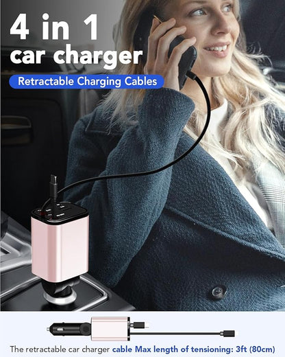 Retractable Car Charger, 4 in 1 Fast Car Phone Charger 69W, 2 Retractable Cables and 2 USB Port, Compatible with iPhone 16/15/14/13/12/11,Galaxy,Pixel
