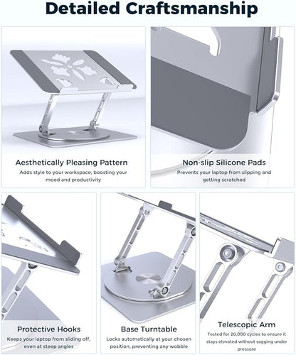 Adjustable Laptop Stand for Desk - Portable Laptop Riser with Rotating Base, Foldable Aluminum Computer Stand, Ergonomic Laptop Holder for MacBook Pro/Air Dell HP Lenovo Notebook up to 16" (Silver)