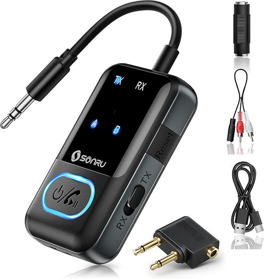 Bluetooth 5.3 Transmitter Adapter for Airplane 2-in-1 Wireless Bluetooth Audio Transmitter Receiver for 3.5mm Aux Jacks on Flight/TV/Gym Equipment, for up to 2 Wireless Headphones, Cell Phones (black)